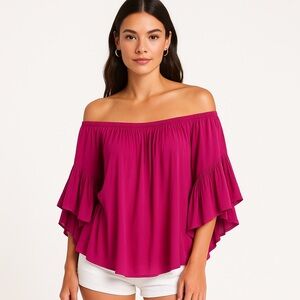 Indah Fuchsia Flowy Ruffle Sleeve Boho Peasant Top